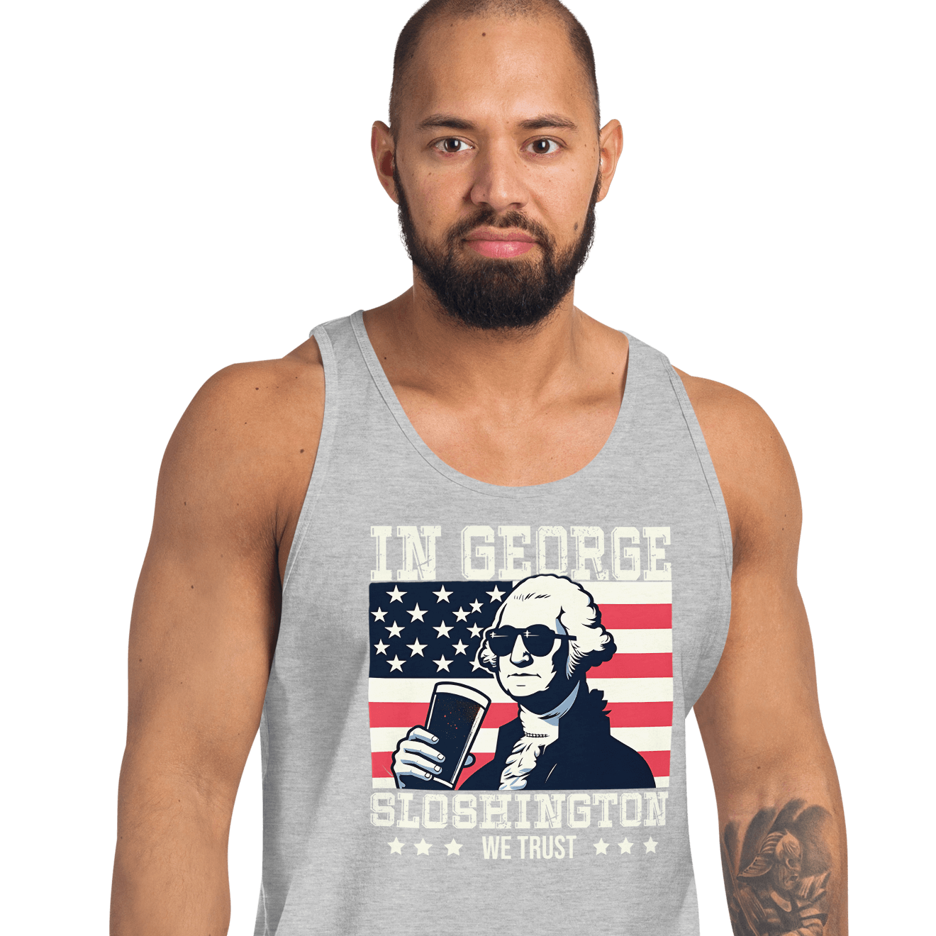 Celebrate 4th of July in style with our George Sloshington tank top. Perfect for BBQs & summer fun, featuring a fun patriotic design.