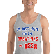 Gray tank top with "I'm Just Here for the Fireworks and Beer" text in red, white, and blue, worn by a smiling person