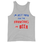 Gray tank top with "I'm Just Here for the Fireworks and Beer" text in blue and red print.