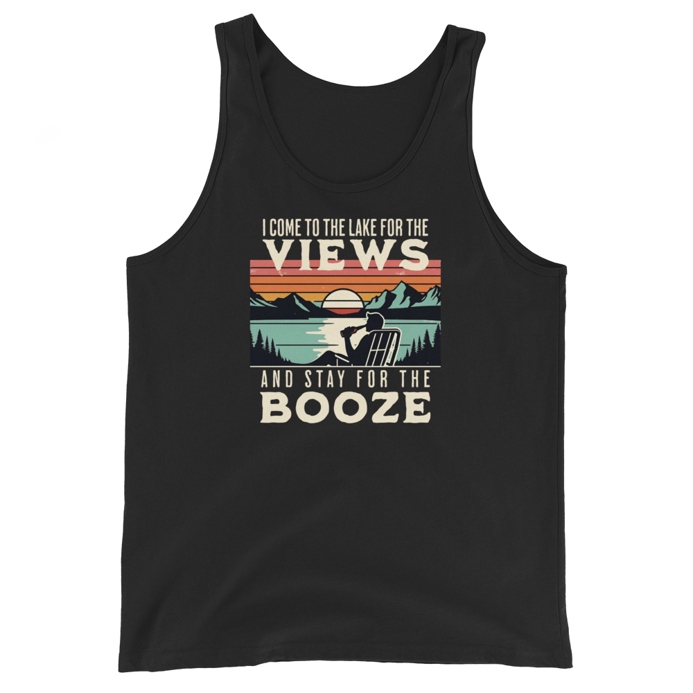 Men's tank top with "I Come to the Lake for the Views and Stay for the Booze," showing a man in a beach chair, lake, and sunset.