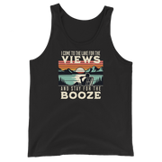 Men's tank top with "I Come to the Lake for the Views and Stay for the Booze," showing a man in a beach chair, lake, and sunset.