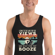 Men's tank top with "I Come to the Lake for the Views and Stay for the Booze," showing a man in a beach chair, lake, and sunset.