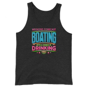 Men's tank top with phrase "Weekend Forecast: Boating with a Chance of Drinking" in bright blue, pink, and green text colors.