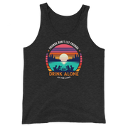 Men's tank top with "Friends Don't Let Friends Drink Alone at the Lake," plus lake and sunset graphics.