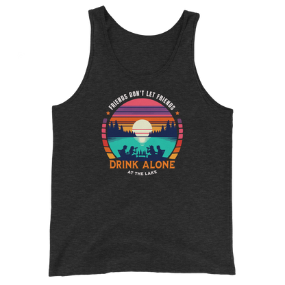 Men's tank top with "Friends Don't Let Friends Drink Alone at the Lake," plus lake and sunset graphics.