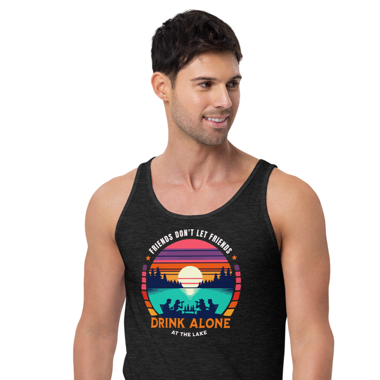 Men's tank top with "Friends Don't Let Friends Drink Alone at the Lake," plus lake and sunset graphics.