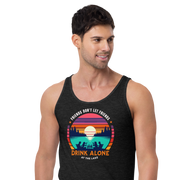 Men's tank top with "Friends Don't Let Friends Drink Alone at the Lake," plus lake and sunset graphics.