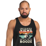 Men's tank top with "I Come to the Lake for the Views and Stay for the Booze," showing a man in a beach chair, lake, and sunset.