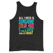 Men's tank top with "All I Need Is Sunshine, a Cold Beer, and My Boat," showing a man in a boat at sunset.