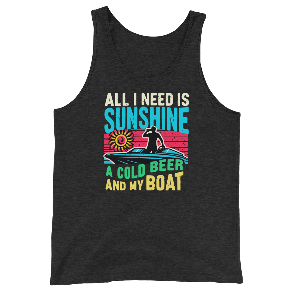 Men's tank top with "All I Need Is Sunshine, a Cold Beer, and My Boat," showing a man in a boat at sunset.