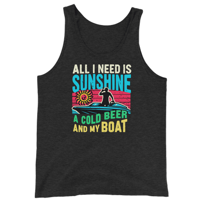 Men's tank top with "All I Need Is Sunshine, a Cold Beer, and My Boat," showing a man in a boat at sunset.