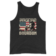 Men's tank top with 'This Shirt Contains 100% American Spirit and a Splash of Bourbon' text, man drinking a glass of bourbon, and distressed American flag background