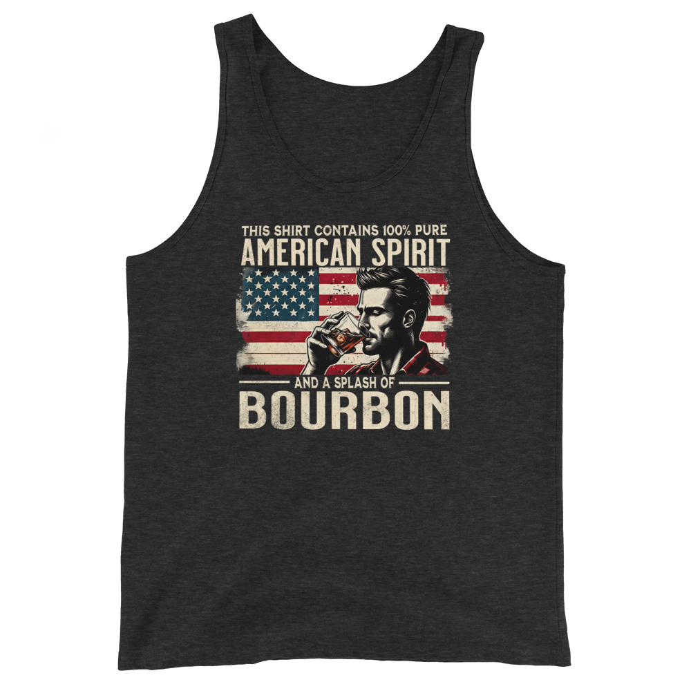 Men's tank top with 'This Shirt Contains 100% American Spirit and a Splash of Bourbon' text, man drinking a glass of bourbon, and distressed American flag background