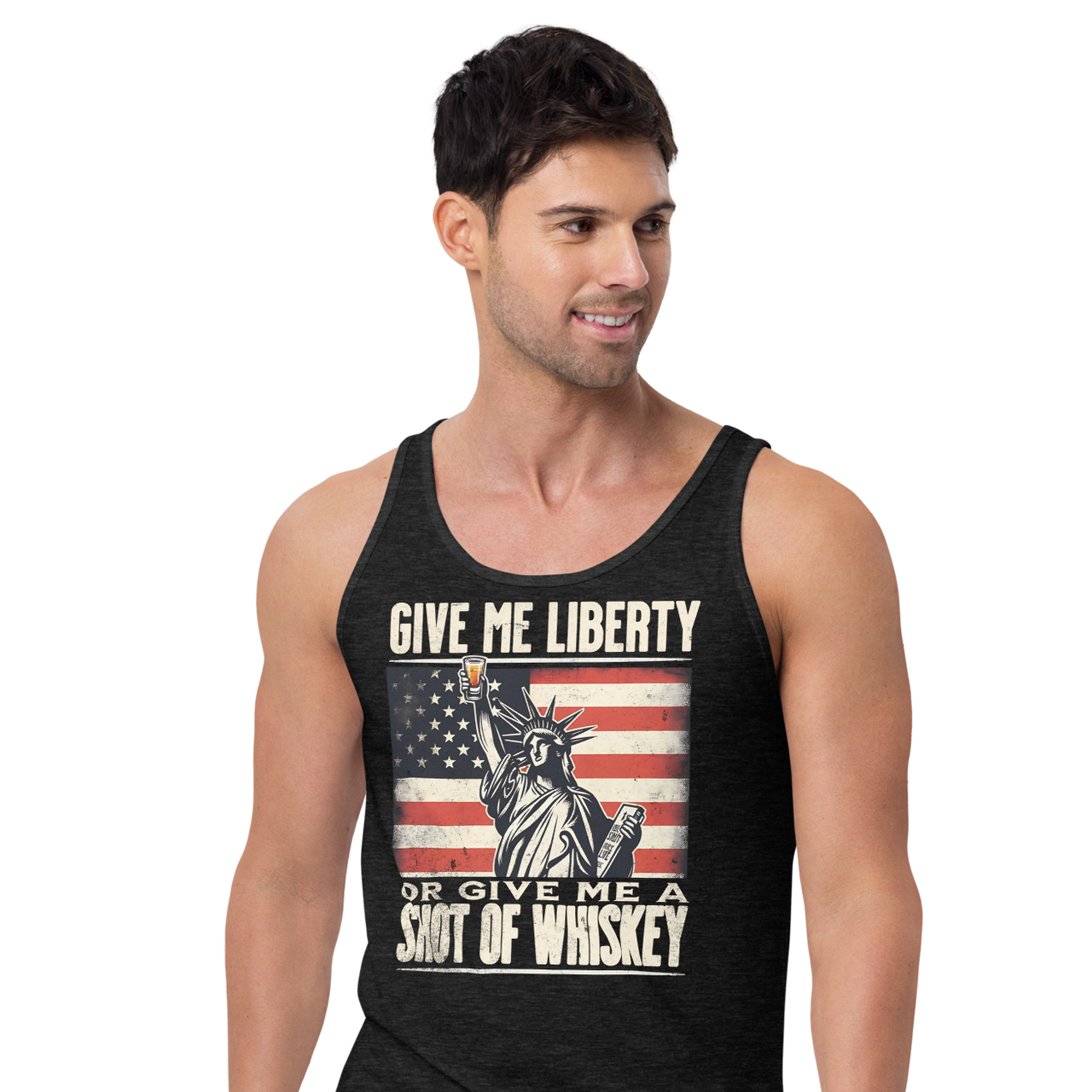 'Give Me Liberty or Give Me Whiskey' text, Statue of Liberty holding a shot glass, and distressed American flag background