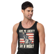 'Give Me Liberty or Give Me Whiskey' text, Statue of Liberty holding a shot glass, and distressed American flag background