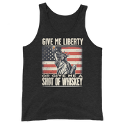 'Give Me Liberty or Give Me Whiskey' text, Statue of Liberty holding a shot glass, and distressed American flag background