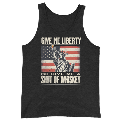 'Give Me Liberty or Give Me Whiskey' text, Statue of Liberty holding a shot glass, and distressed American flag background