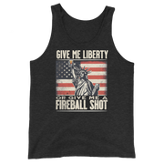 Tank top with Give Me Liberty or Give Me a Fireball Shot text, Statue of Liberty holding a shot glass, and distressed American flag background. Perfect for 4th of July.