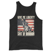 Tank top with Give Me Liberty or Give Me a Shot of Bourbon text, Statue of Liberty holding a shot glass, and distressed American flag background. Perfect for 4th of July.