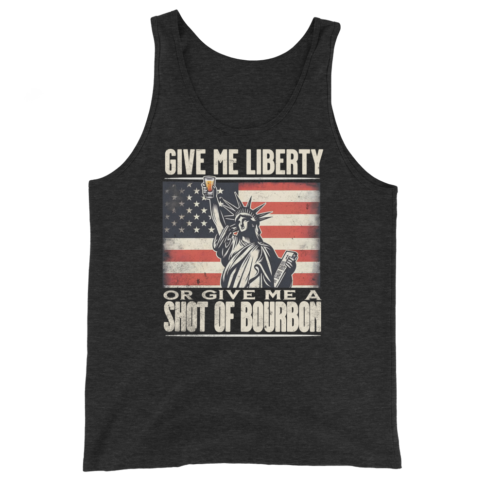 Tank top with Give Me Liberty or Give Me a Shot of Bourbon text, Statue of Liberty holding a shot glass, and distressed American flag background. Perfect for 4th of July.