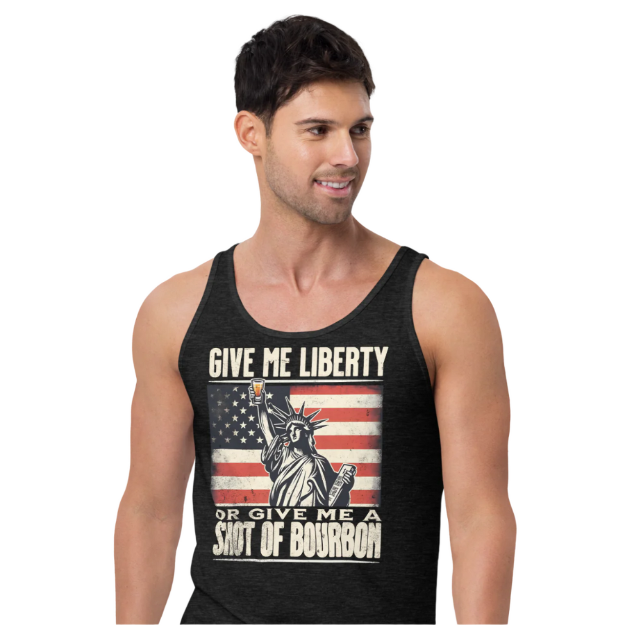 Tank top with Give Me Liberty or Give Me a Shot of Bourbon text, Statue of Liberty holding a shot glass, and distressed American flag background. Perfect for 4th of July.