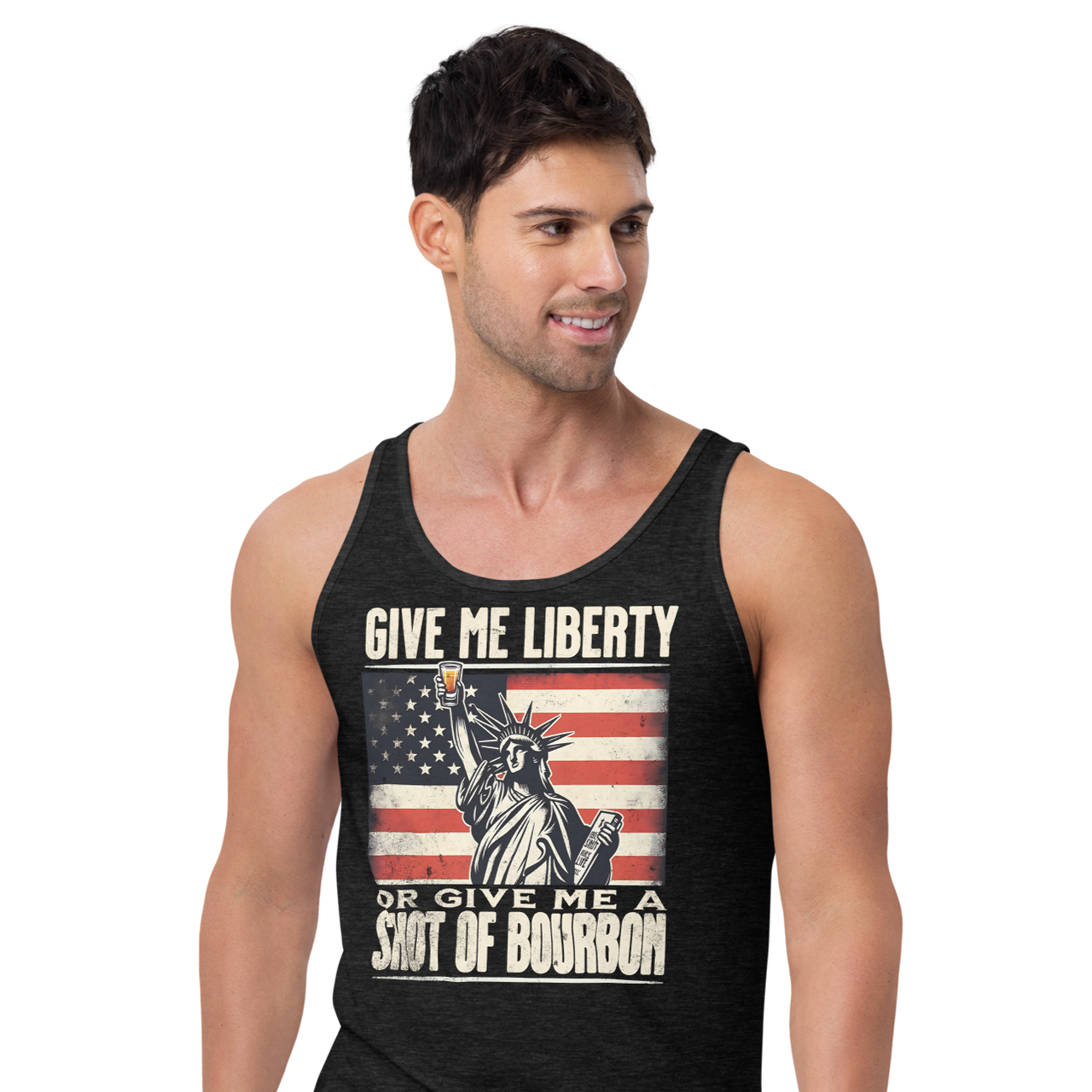 Tank top with Give Me Liberty or Give Me a Shot of Bourbon text, Statue of Liberty holding a shot glass, and distressed American flag background. Perfect for 4th of July.