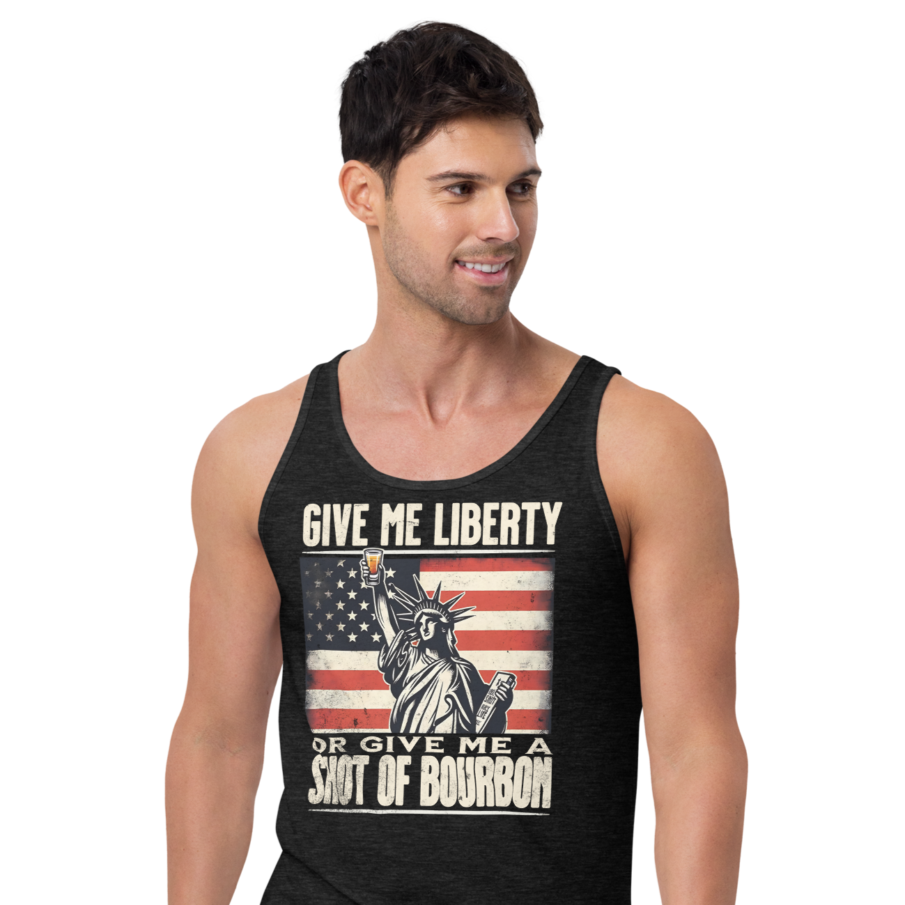 Tank top with Give Me Liberty or Give Me a Shot of Bourbon text, Statue of Liberty holding a shot glass, and distressed American flag background. Perfect for 4th of July.