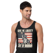 Tank top with Give Me Liberty or Give Me a Shot of Bourbon text, Statue of Liberty holding a shot glass, and distressed American flag background. Perfect for 4th of July.