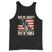 Tank top with Give Me Liberty or Give Me a Shot of Tequila text, Statue of Liberty holding a shot glass, and distressed American flag background. Perfect for 4th of July.