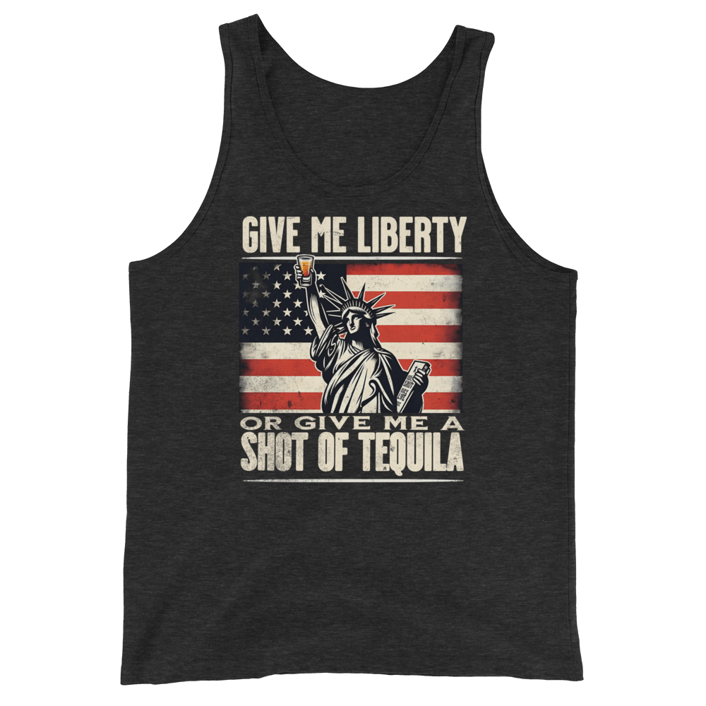 Tank top with Give Me Liberty or Give Me a Shot of Tequila text, Statue of Liberty holding a shot glass, and distressed American flag background. Perfect for 4th of July.