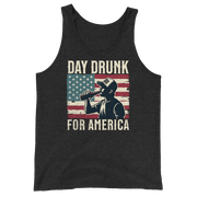 Tank top with Day Drunk for America text, silhouette of a man drinking a bottle of beer, and distressed American flag background. Perfect for 4th of July.