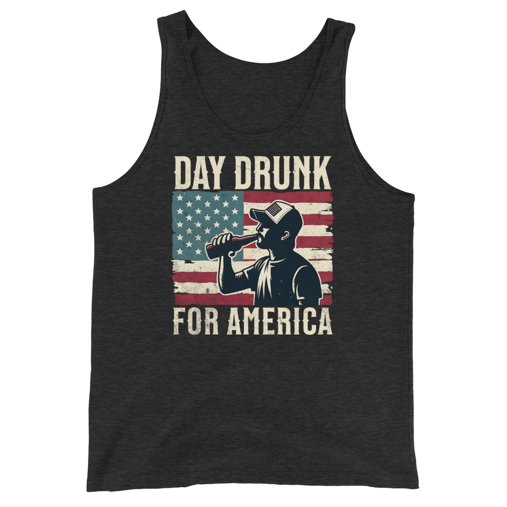 Tank top with Day Drunk for America text, silhouette of a man drinking a bottle of beer, and distressed American flag background. Perfect for 4th of July.