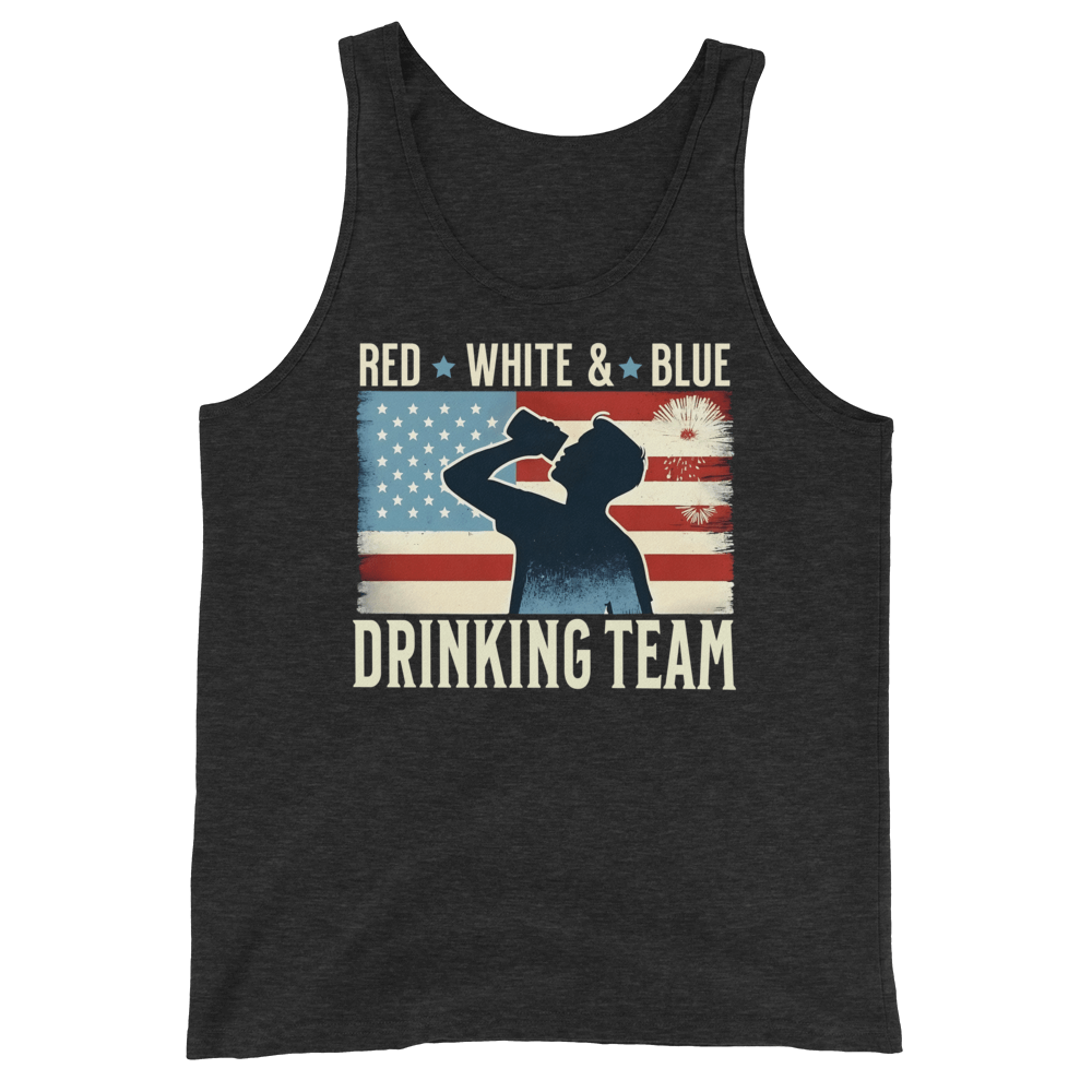 Tank top with Red White and Blue Drinking Team text, man drinking beer, and distressed American flag background. Perfect for 4th of July.