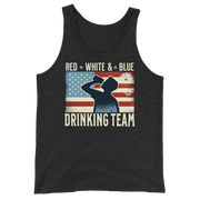 Tank top with Red White and Blue Drinking Team text, man drinking beer, and distressed American flag background. Perfect for 4th of July.