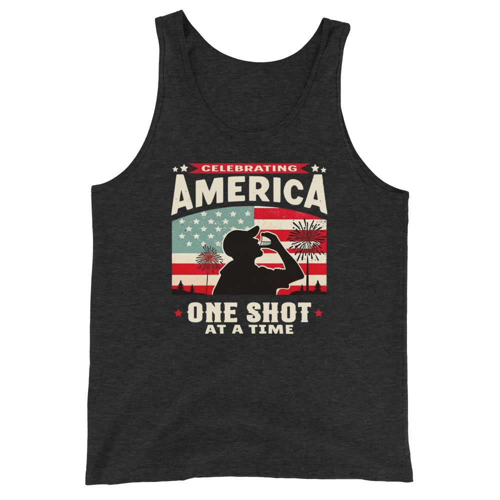 Tank top with Celebrating America One Shot at a Time text, silhouette of a man drinking a shot, and distressed American flag background. Perfect for 4th of July.