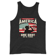 Tank top with Celebrating America One Shot at a Time text, silhouette of a man drinking a shot, and distressed American flag background. Perfect for 4th of July.