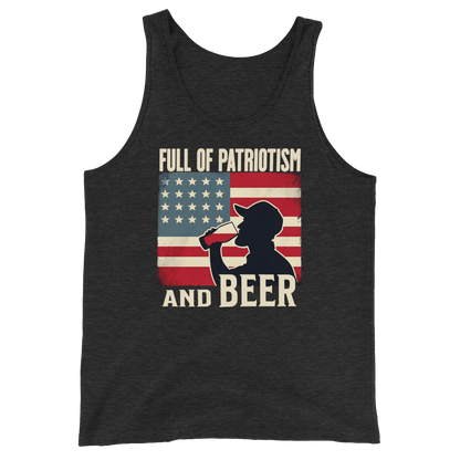 Tank top with Full of Patriotism and Beer text and a distressed American flag background. Perfect for 4th of July.