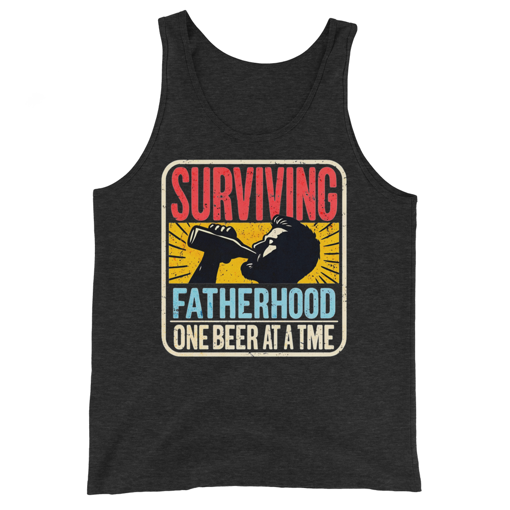 Celebrate fatherhood with our "Surviving Fatherhood One Beer at a Time" tank top. Perfect gift for dads who love a cold one. Ideal gift for Father's Day.