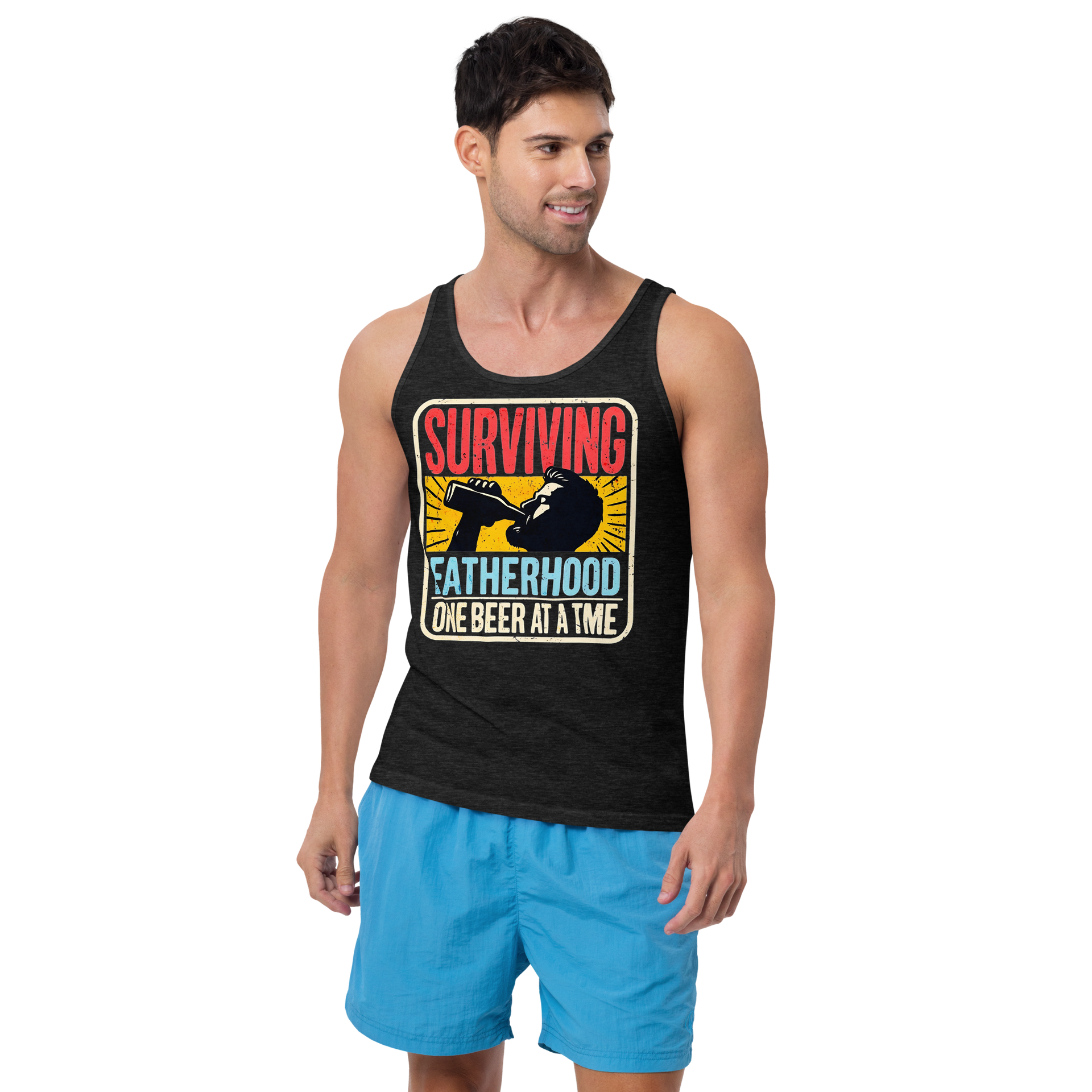 Celebrate fatherhood with our "Surviving Fatherhood One Beer at a Time" tank top. Perfect gift for dads who love a cold one. Ideal gift for Father's Day.