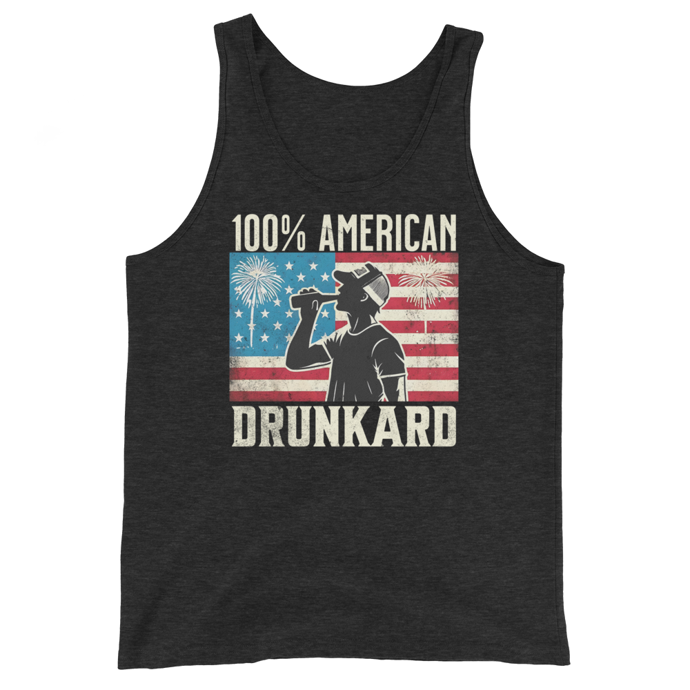 Rock your 4th of July with our '100% American Drunkard' men's tank. Perfect for BBQs or chilling with friends in patriotic style. Get yours now!