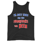 Black tank top with "I'm Just Here for the Fireworks and Beer" text in red, white, and blue. Classic and soft cotton blend fabric.