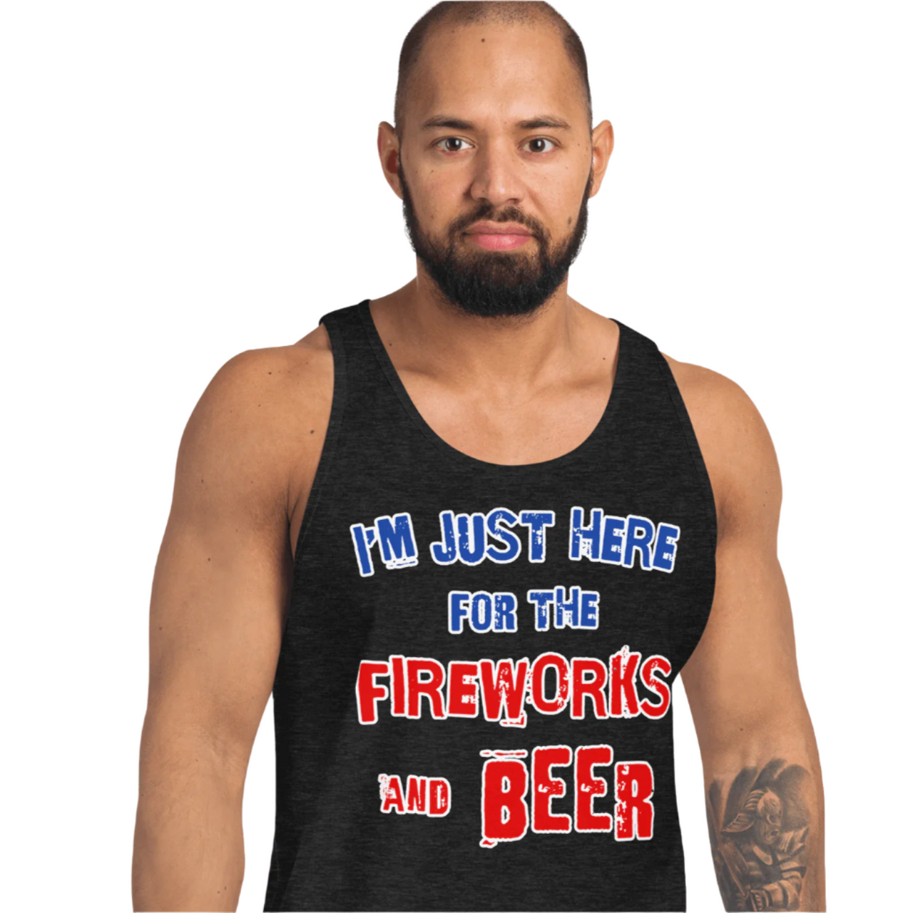 Man wearing "I'm Just Here for the Fireworks and Beer" tank top in black, showcasing comfortable cotton fabric.