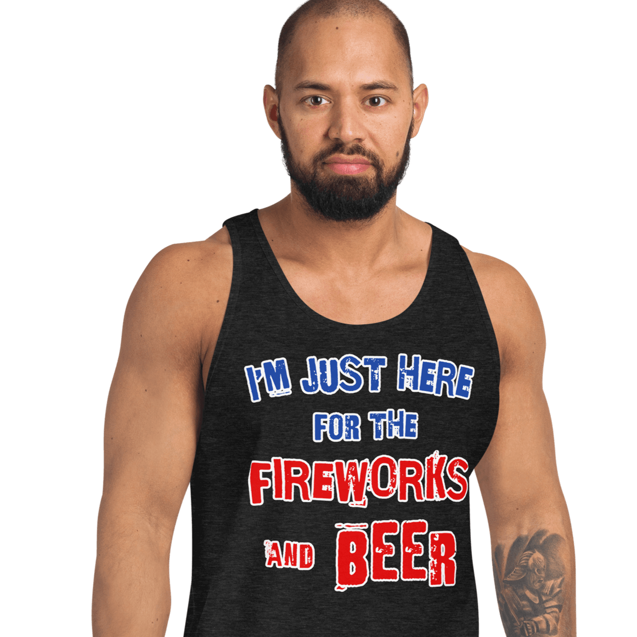 Man wearing "I'm Just Here for the Fireworks and Beer" tank top in black, showcasing comfortable cotton fabric.