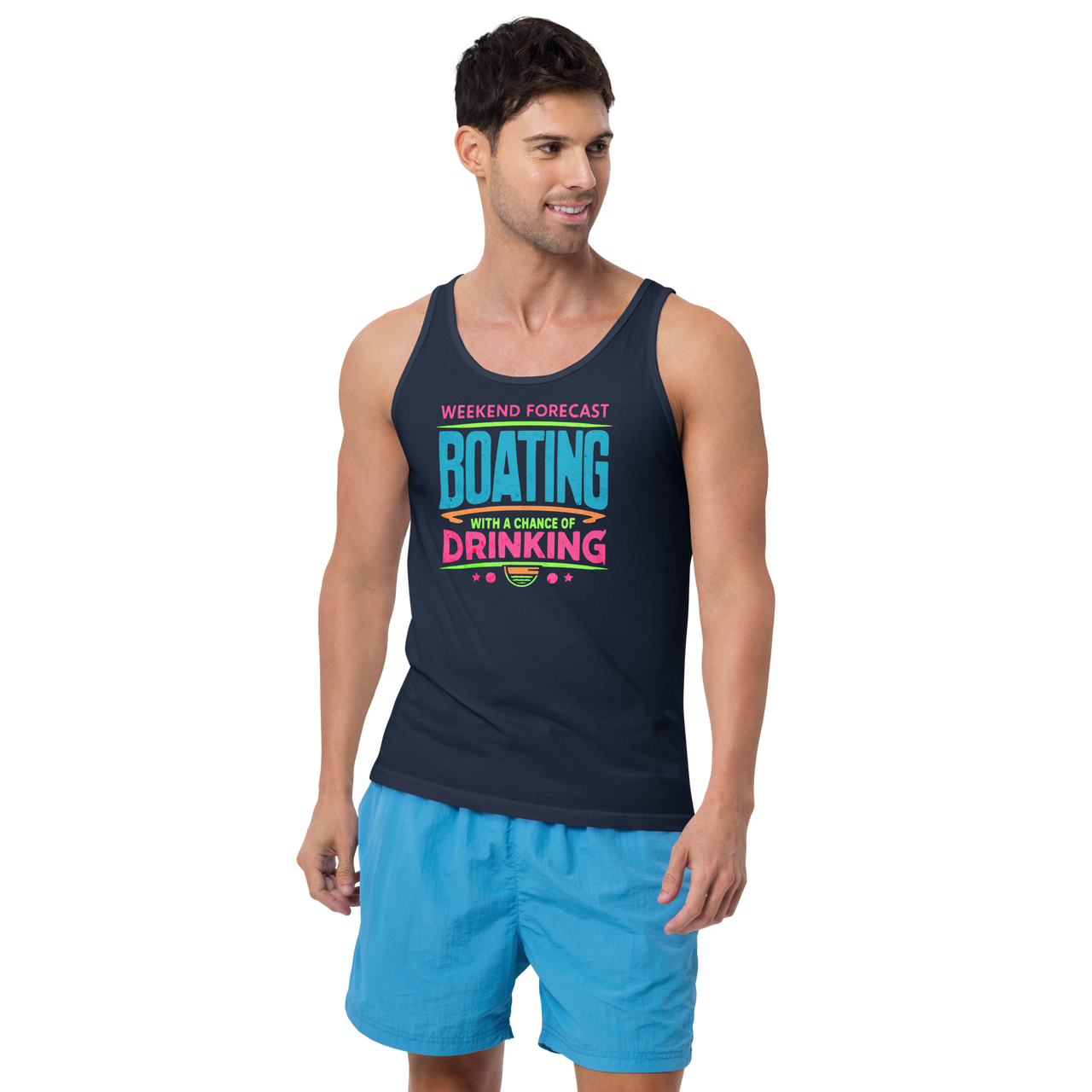 Men's tank top with phrase "Weekend Forecast: Boating with a Chance of Drinking" in bright blue, pink, and green text colors.