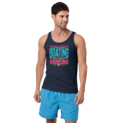 Men's tank top with phrase "Weekend Forecast: Boating with a Chance of Drinking" in bright blue, pink, and green text colors.