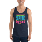 Men's tank top with phrase "Weekend Forecast: Boating with a Chance of Drinking" in bright blue, pink, and green text colors.