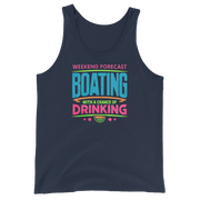 Men's tank top with phrase "Weekend Forecast: Boating with a Chance of Drinking" in bright blue, pink, and green text colors.