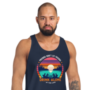 Men's tank top with "Friends Don't Let Friends Drink Alone at the Lake," plus lake and sunset graphics.