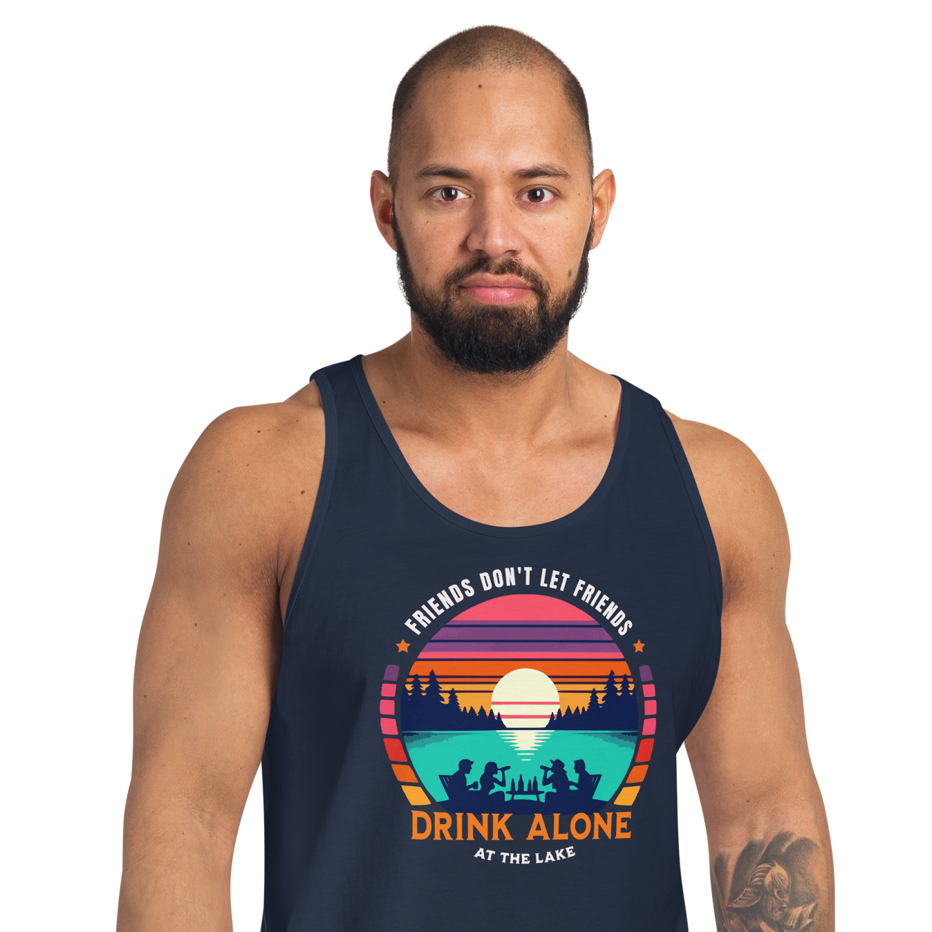 Men's tank top with "Friends Don't Let Friends Drink Alone at the Lake," plus lake and sunset graphics.