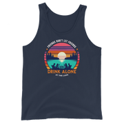 Men's tank top with "Friends Don't Let Friends Drink Alone at the Lake," plus lake and sunset graphics.